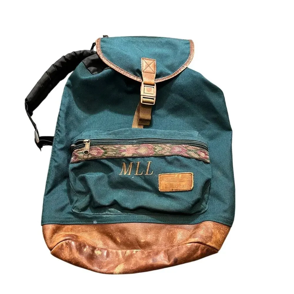 VTG Vintage 90s LL Bean Book Bag - Aztec Southwest &‎ Leather Backpack Green USA